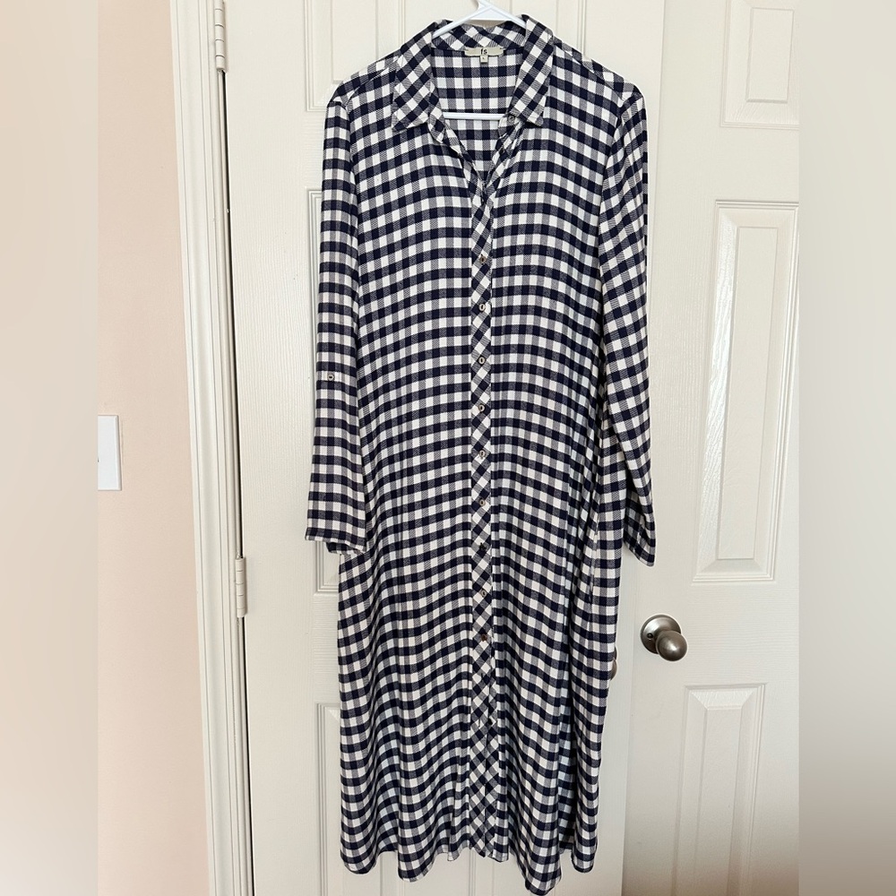 Blue and white plaid long shirt dress